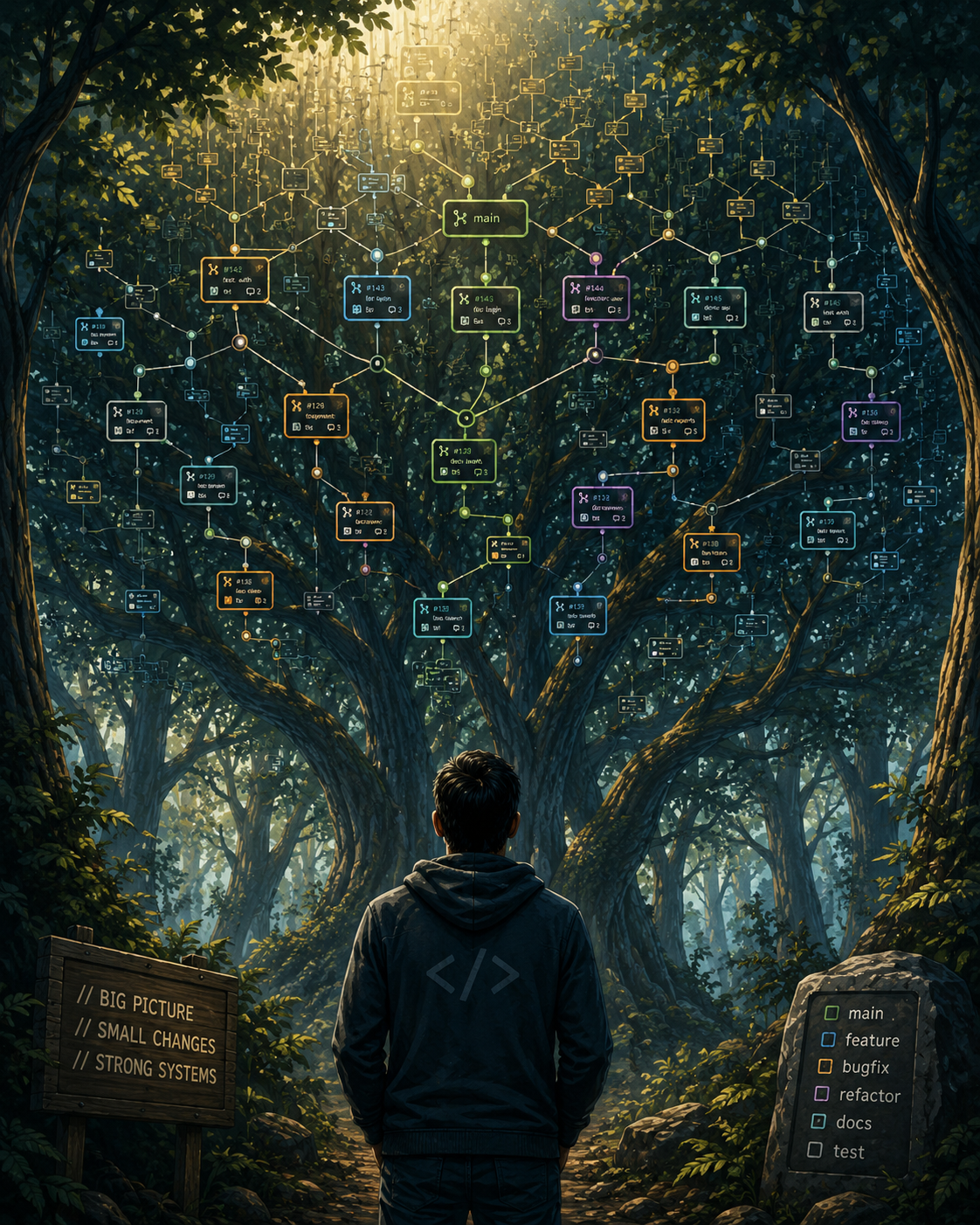 A dense forest viewed from above with one tree highlighted, representing the challenge of maintaining big-picture awareness while working on individual tasks