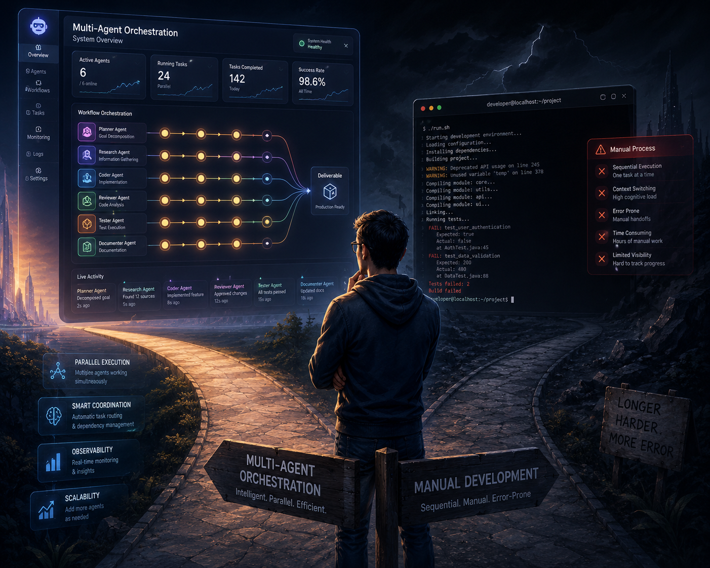 A developer at a fork in the road — one path lit by a multi-agent orchestration dashboard running in parallel, the other a sequential manual-development path marked "longer, harder, more errors"