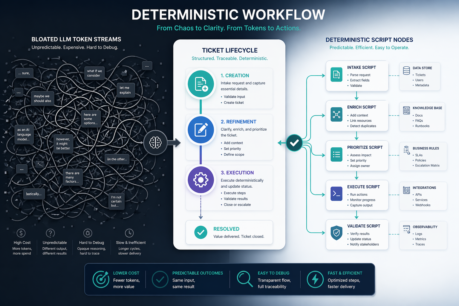 Illustration of an overworked AI assistant juggling workflow steps that should be handled by deterministic scripts