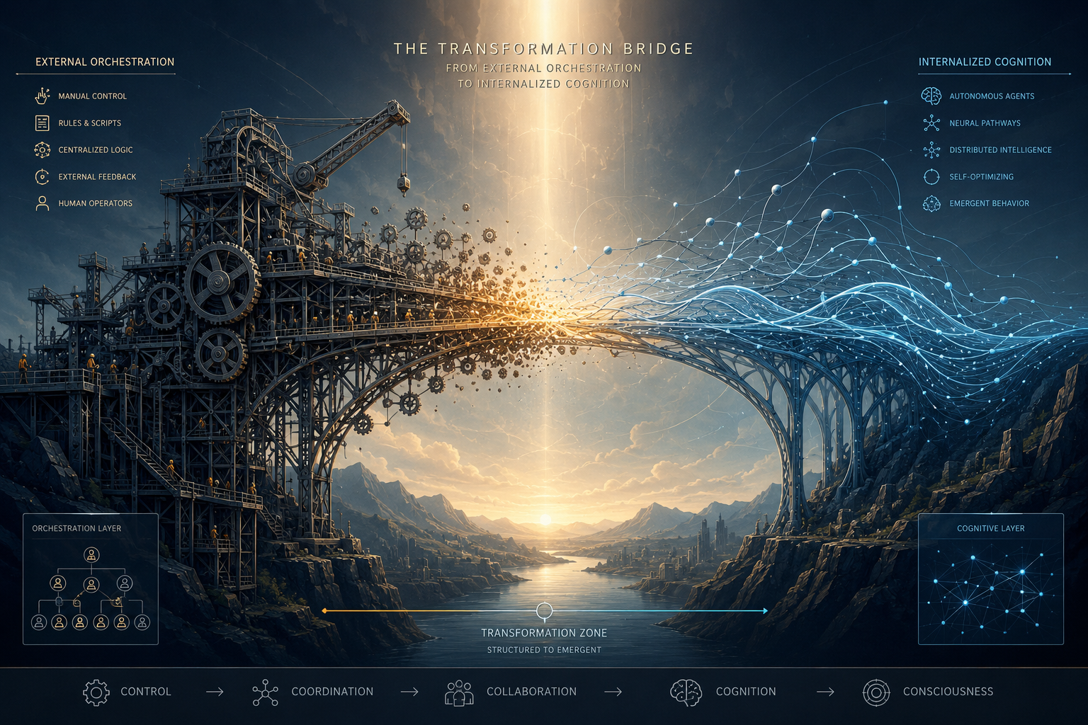 Illustration of external scaffolding being absorbed into an AI model as its capabilities grow